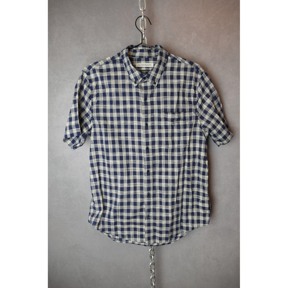 Outerknown Mens Plaid‎ Short Sleeve Button Up Shirt Size Medium Blue Beige